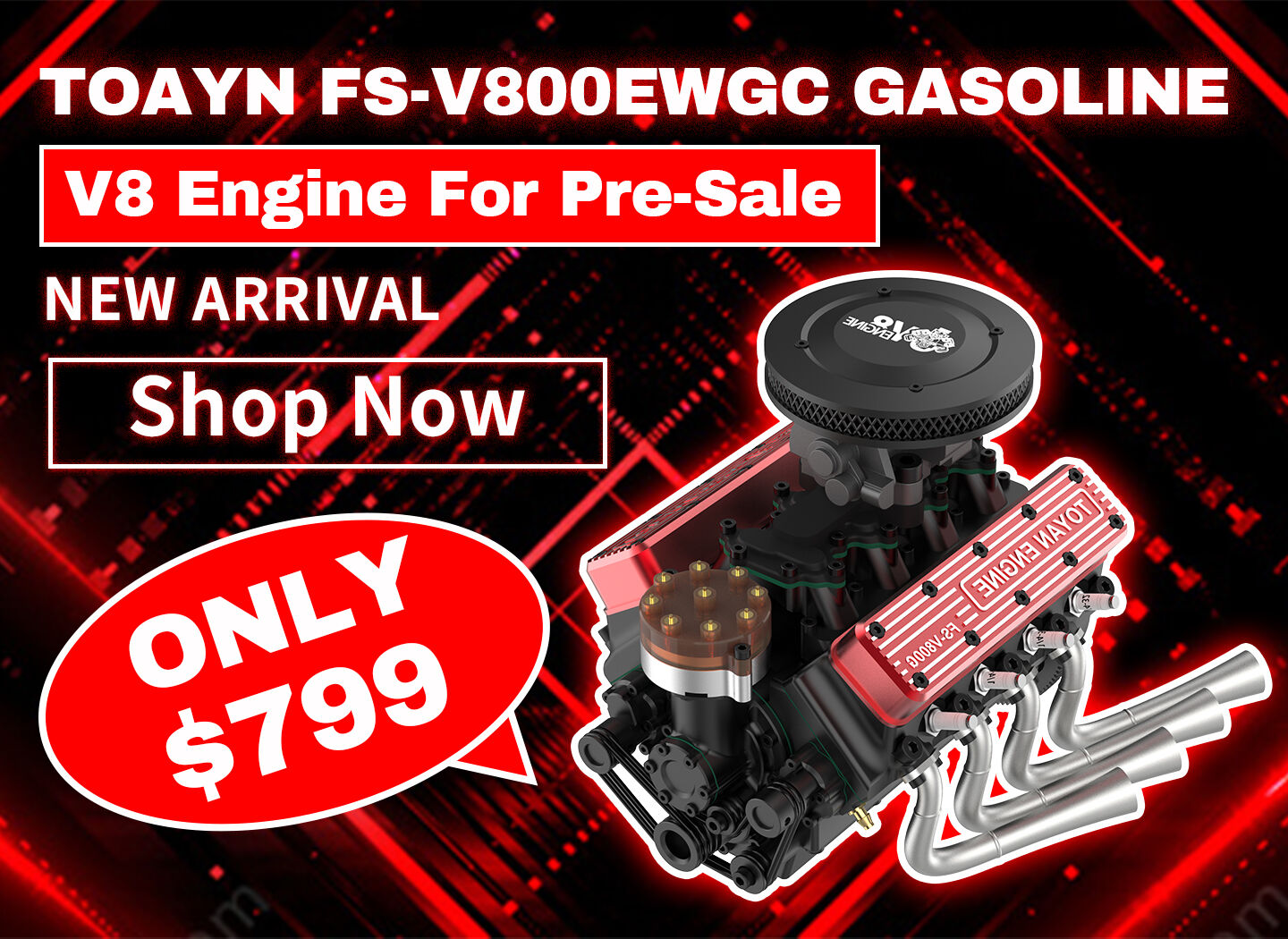 TOYAN V8 Engine FS-V800WGPC 28cc OHV Gasolin Engine - Build Your Own V8 Engine - V8 Engine Model Kit That Works