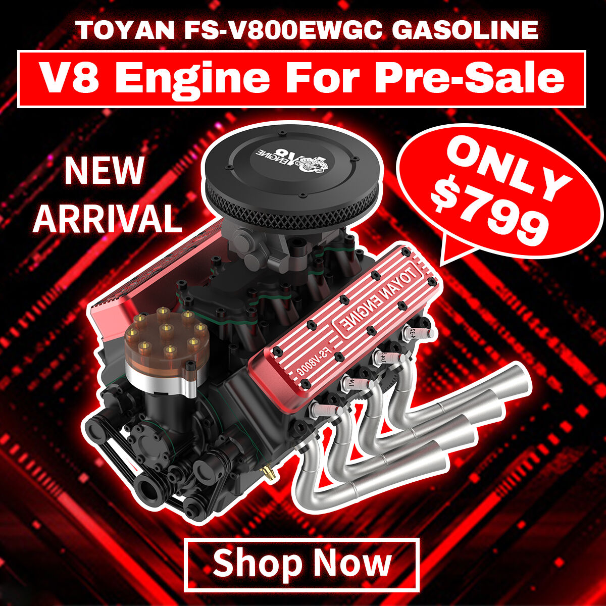 TOYAN V8 Engine FS-V800WGPC 28cc OHV Gasoline Engine - Build Your Own V8 Engine