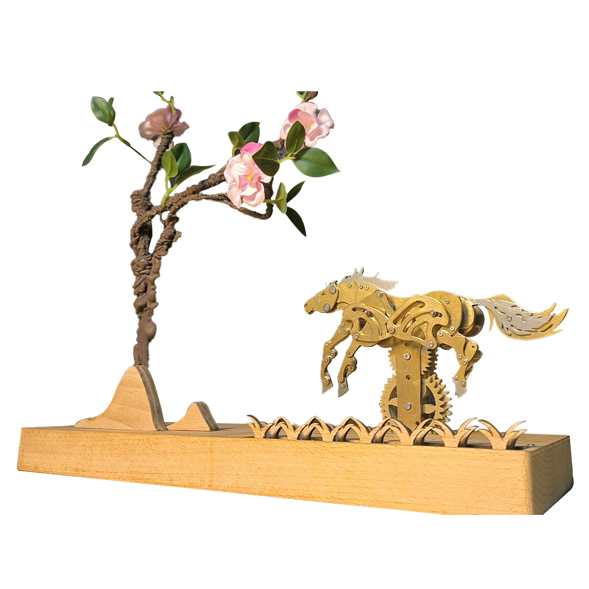 3D Mechanical Brass Horse Model with Wooden Base