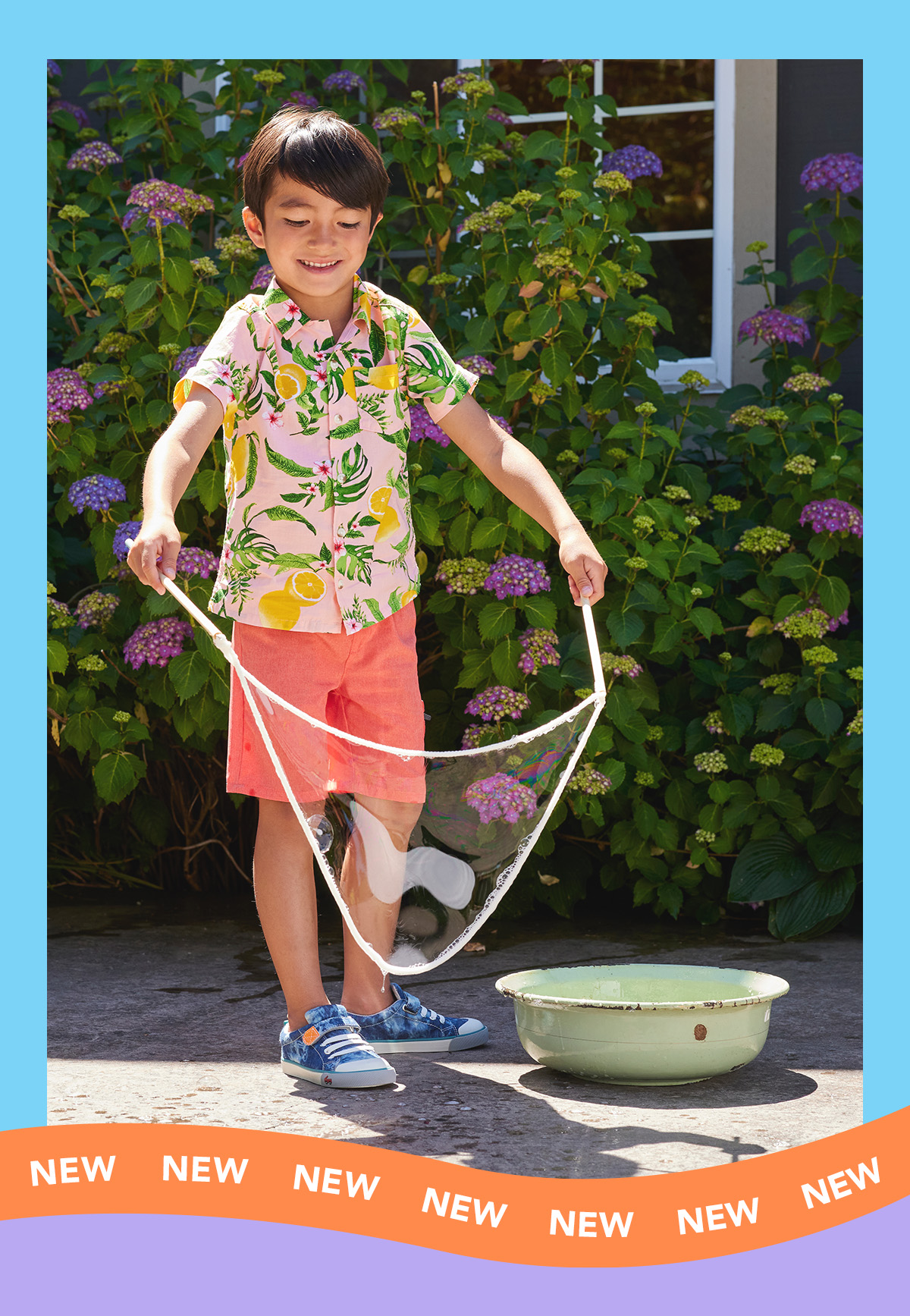 Boy blowing bubbles, wearing the Stevie II Tie Dye sneakers